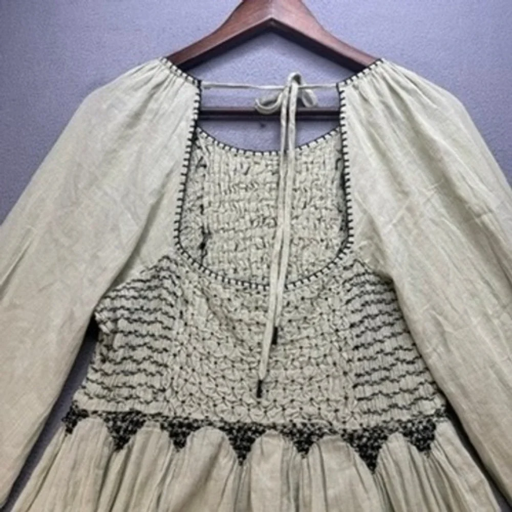 Free People Mini Dress Army Smocked Relaxed Size M Green Embroidered Long Sleeve